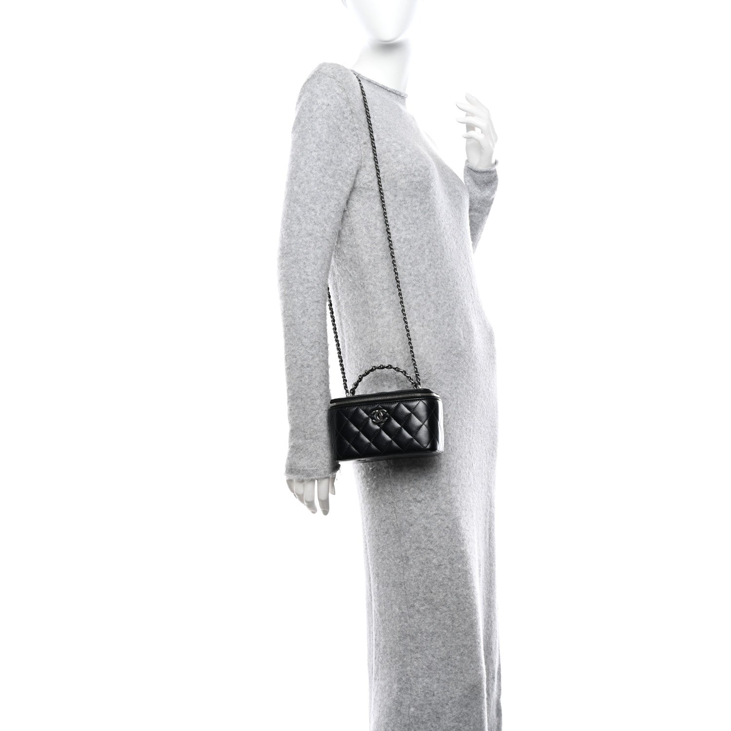 Chanel Shiny Crumpled Calfskin Crystal Quilted Precious Handle Vanity Case With Chain Black 2 of 11