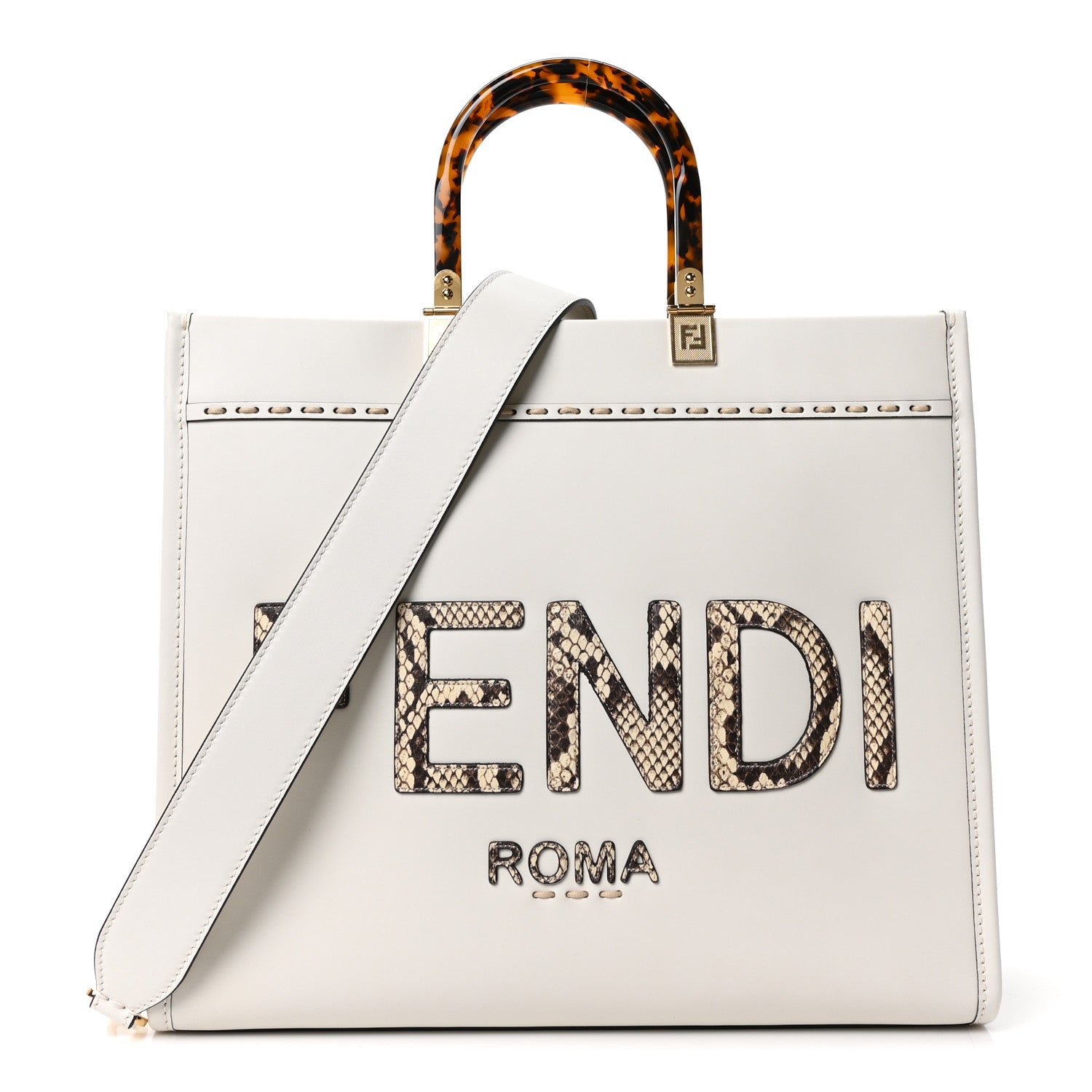 Fendi Vitello King Plexiglass Elaphe Snakeskin Print Logo Medium Fendi Sunshine Shopper Tote Ice White 1 of 9