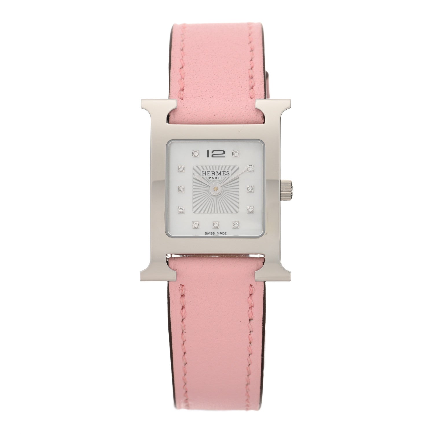 Hermes Stainless Steel Swift Diamond Mother of Pearl 21mm Heure H Hour Quartz Watch Rose Sakura 1 of 5