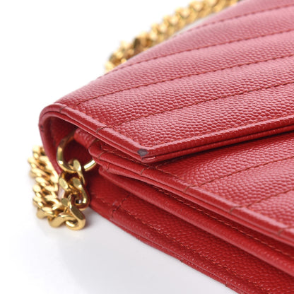Saint Laurent Grain De Poudre Matelasse Chevron Monogram Chain Wallet New Red 10 of 14