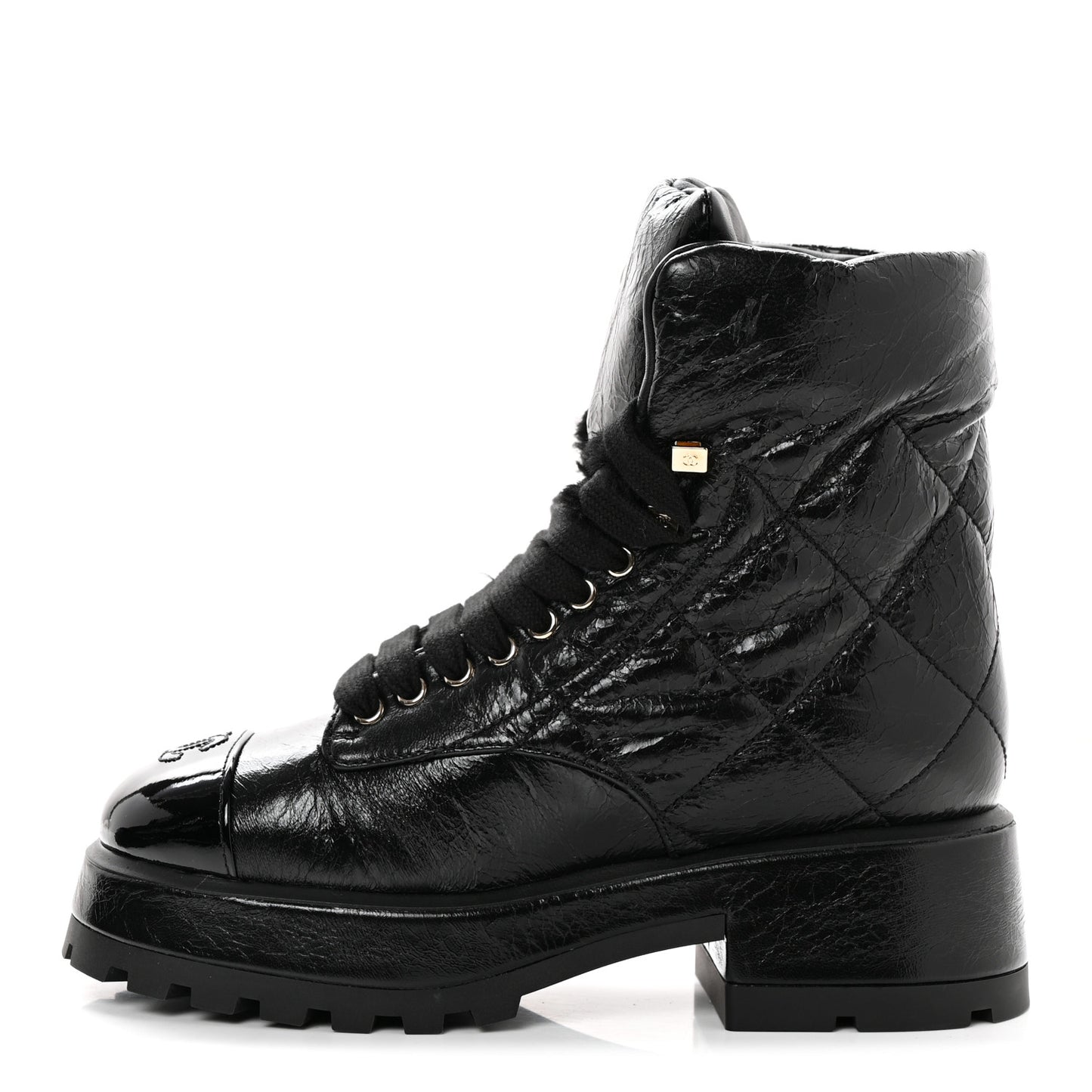 Crumpled Patent Lambskin Calfskin Quilted Lace Up Combat Boots 36.5 Black
