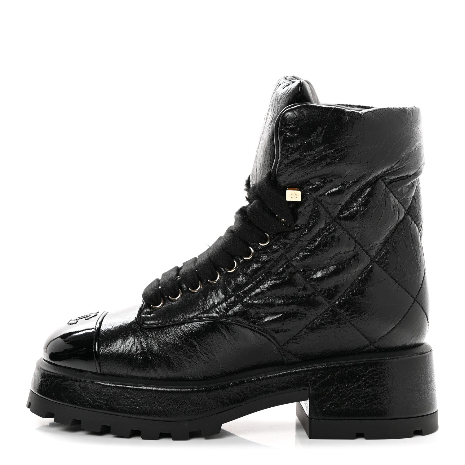 Chanel Crumpled Patent Lambskin Calfskin Quilted Lace Up Combat Boots 36.5 Black 1 of 10