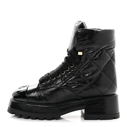 Chanel Crumpled Patent Lambskin Calfskin Quilted Lace Up Combat Boots 36.5 Black 1 of 10