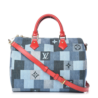Louis Vuitton Denim Damier Monogram Patchwork Speedy Bandouliere 30 Blue Rouge 1 of 12