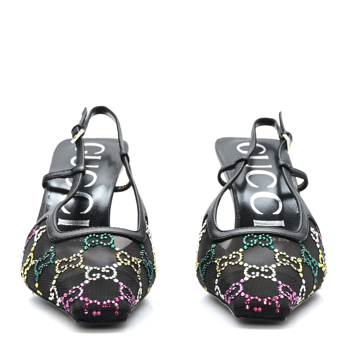 Tela Retino Nappa Charlotte Crystal GG Monogram Square G 75mm Slingback Pumps 36 Black