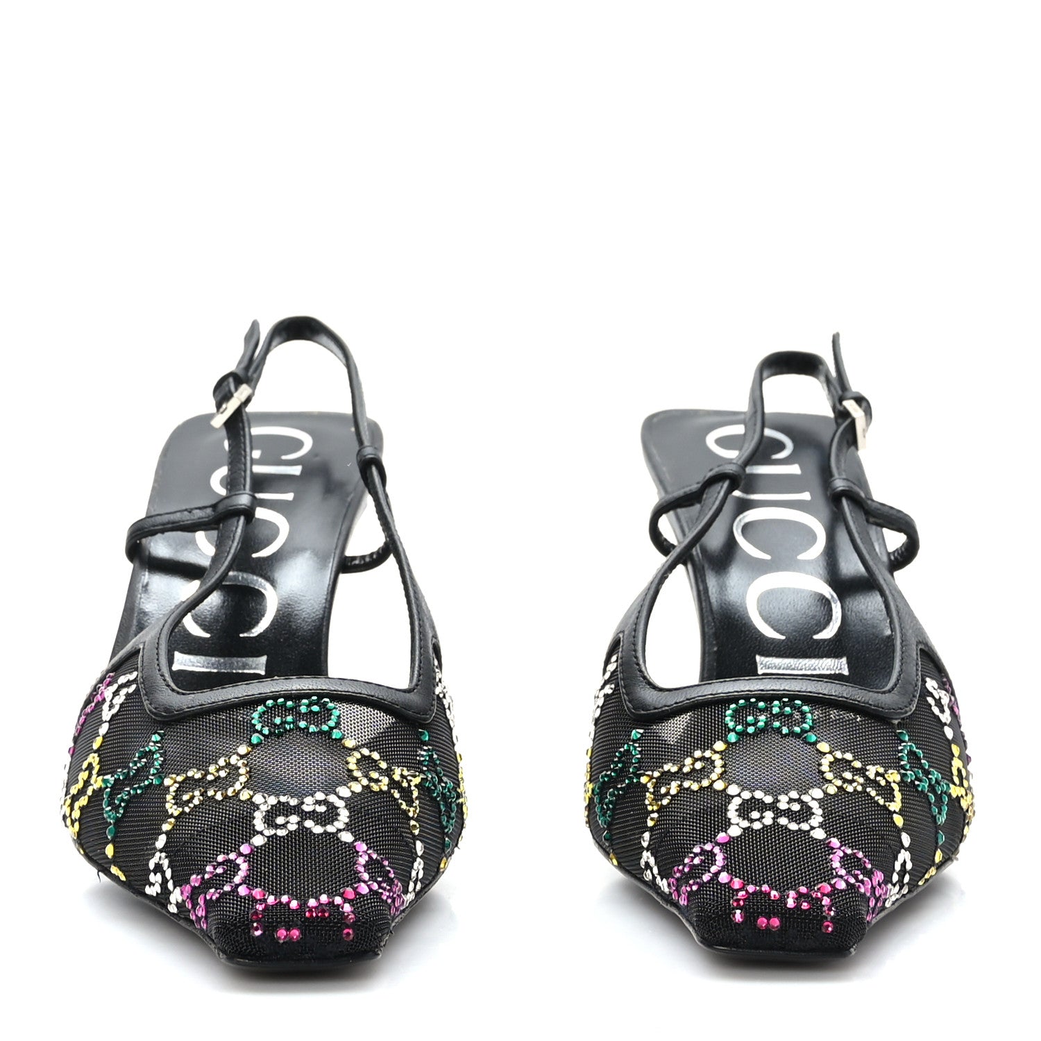 Gucci Tela Retino Nappa Charlotte Crystal GG Monogram Square G 75mm Slingback Pumps 36 Black 2 of 8
