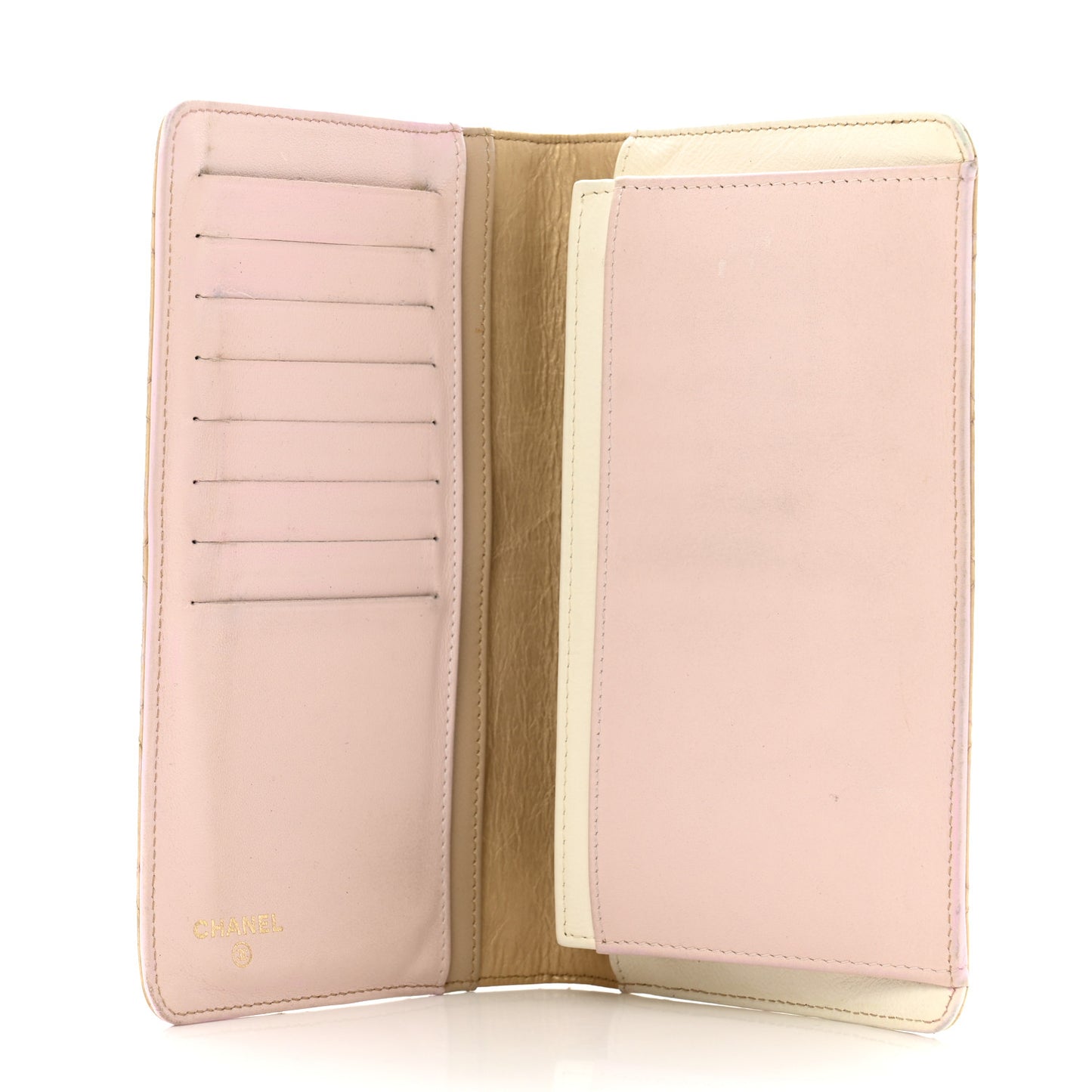 Metallic Calfskin Quilted Yen Wallet Gold Pink