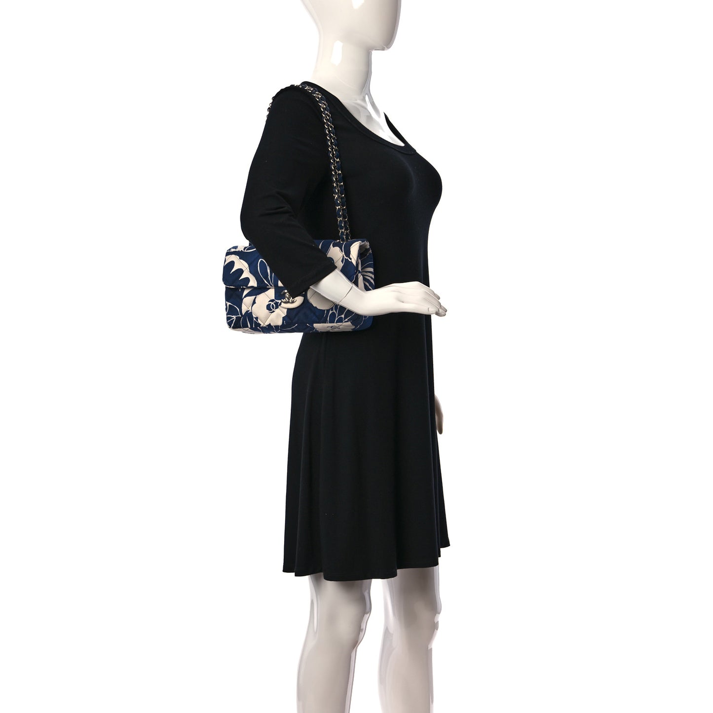 Floral Printed Silk CC Medium Single Flap Navy Blue White