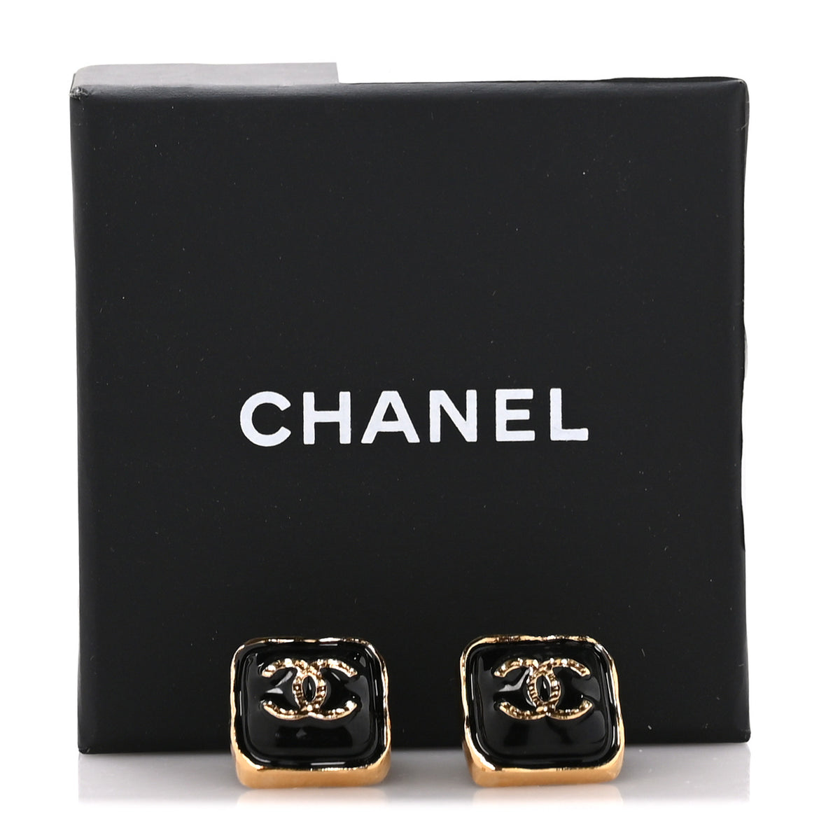 Chanel Metal Enamel CC Square Earrings Gold Black 4 of 4