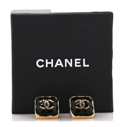 Chanel Metal Enamel CC Square Earrings Gold Black 4 of 4