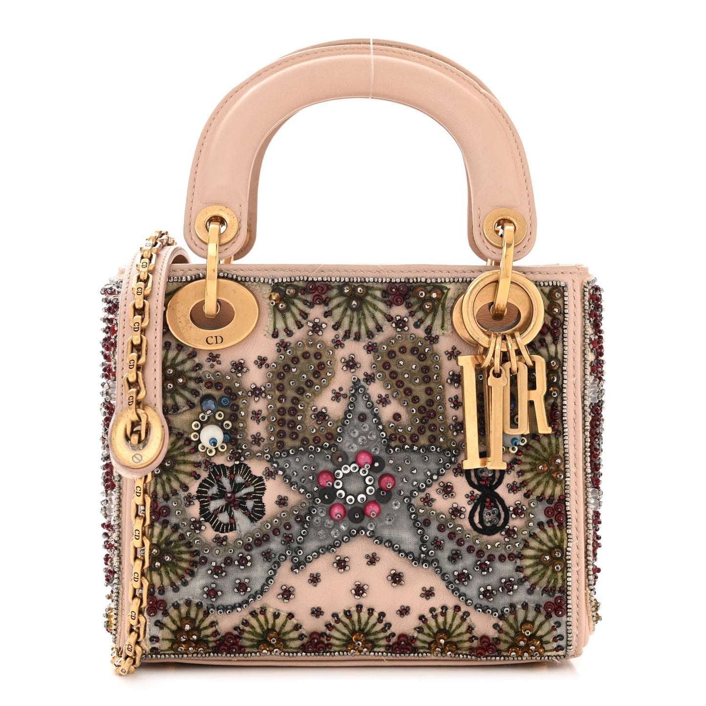 Calfskin Beaded Mini Lady Dior Beige Multicolor