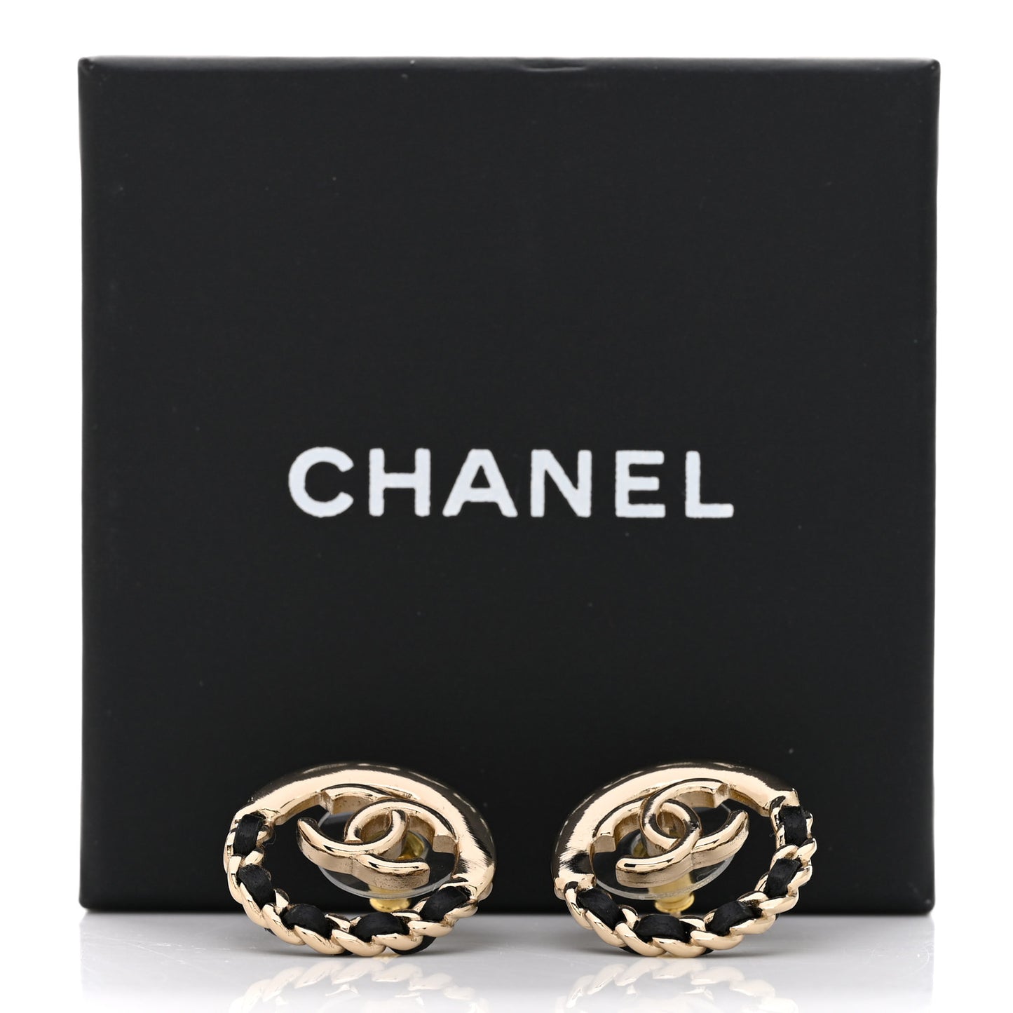 Lambskin Chain CC Round Earrings Gold Black