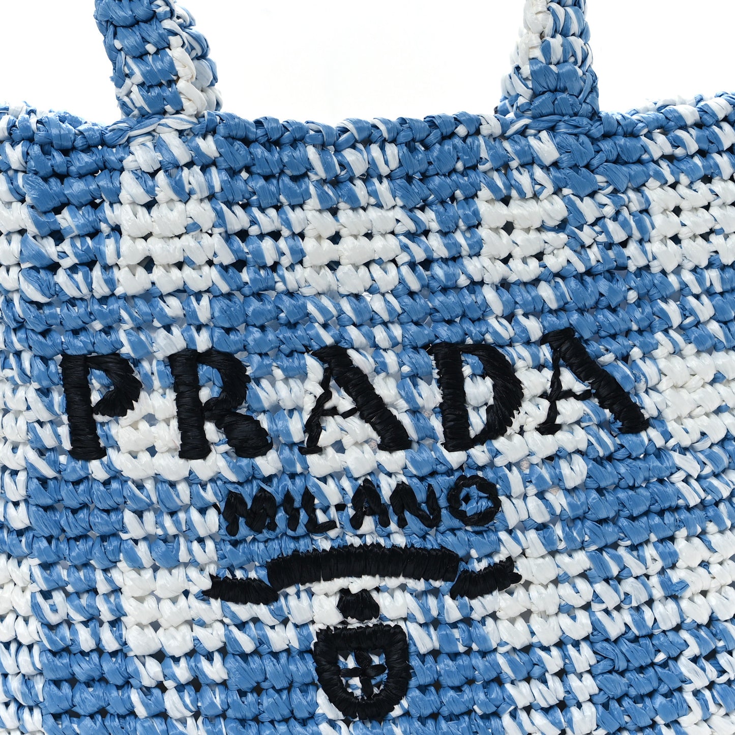Yarn Raffia Effect Crochet Embroidered Small Logo Tote Celeste