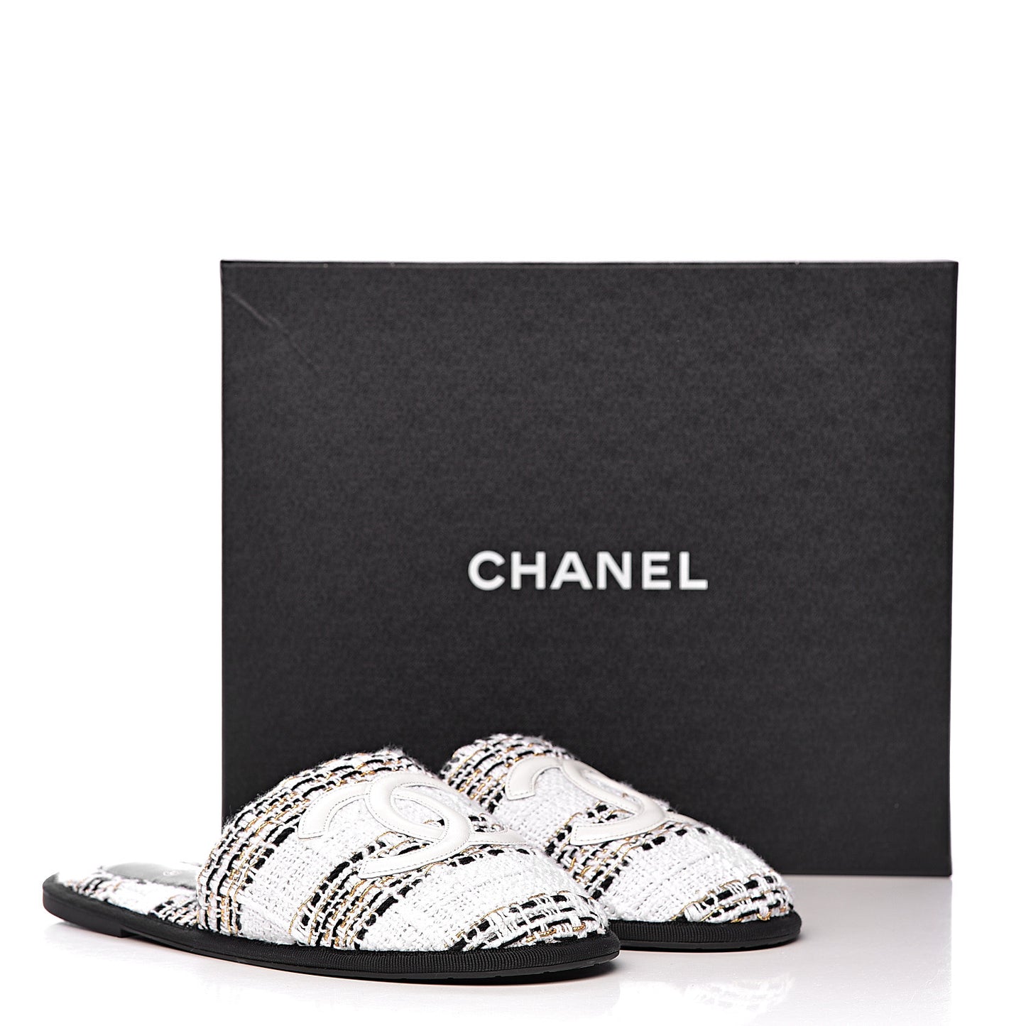 Tweed CC Flat Mules M White Black Gold