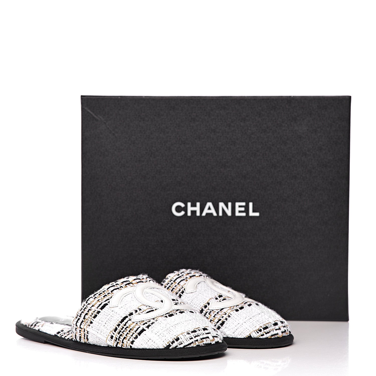 Chanel Tweed CC Flat Mules M White Black Gold 11 of 11