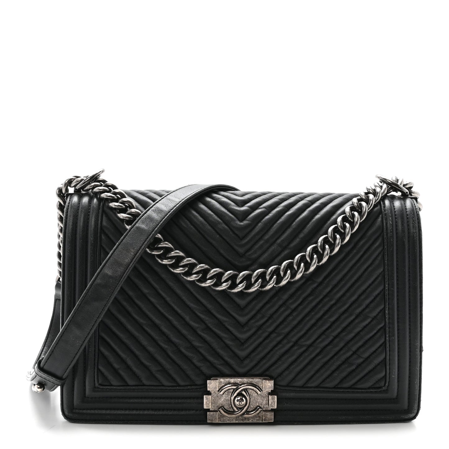 Wrinkled Lambskin Chevron Quilted New Medium Boy Flap Navy Blue