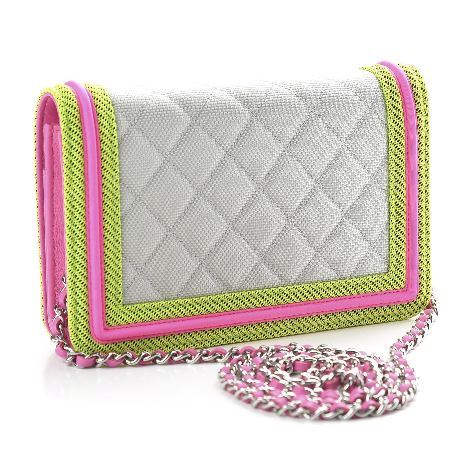 Chanel Canvas Quilted Fluo Boy Wallet On Chain WOC Dark Grey Fuchsia Green 2 of 10