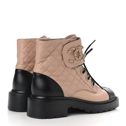 Chanel Shiny Lambskin Quilted Lace Up Combat Boots 38 Beige Black 4 of 10
