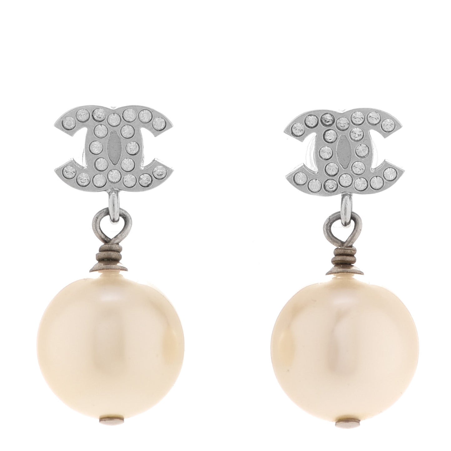 Crystal Pearl CC Drop Earrings Silver Pearly White