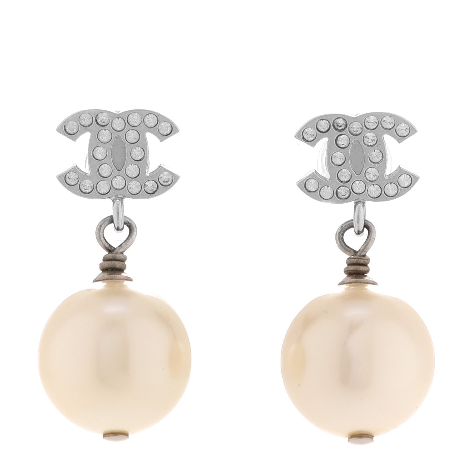 Chanel Crystal Pearl CC Drop Earrings Silver Pearly White 1 of 5