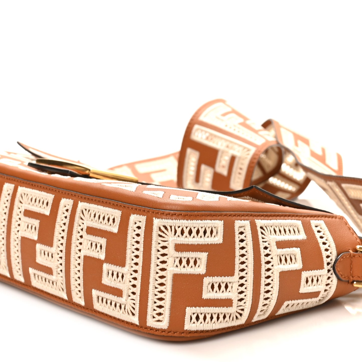 Vitello Seta FF Ajour Embroidered Baguette Brandy