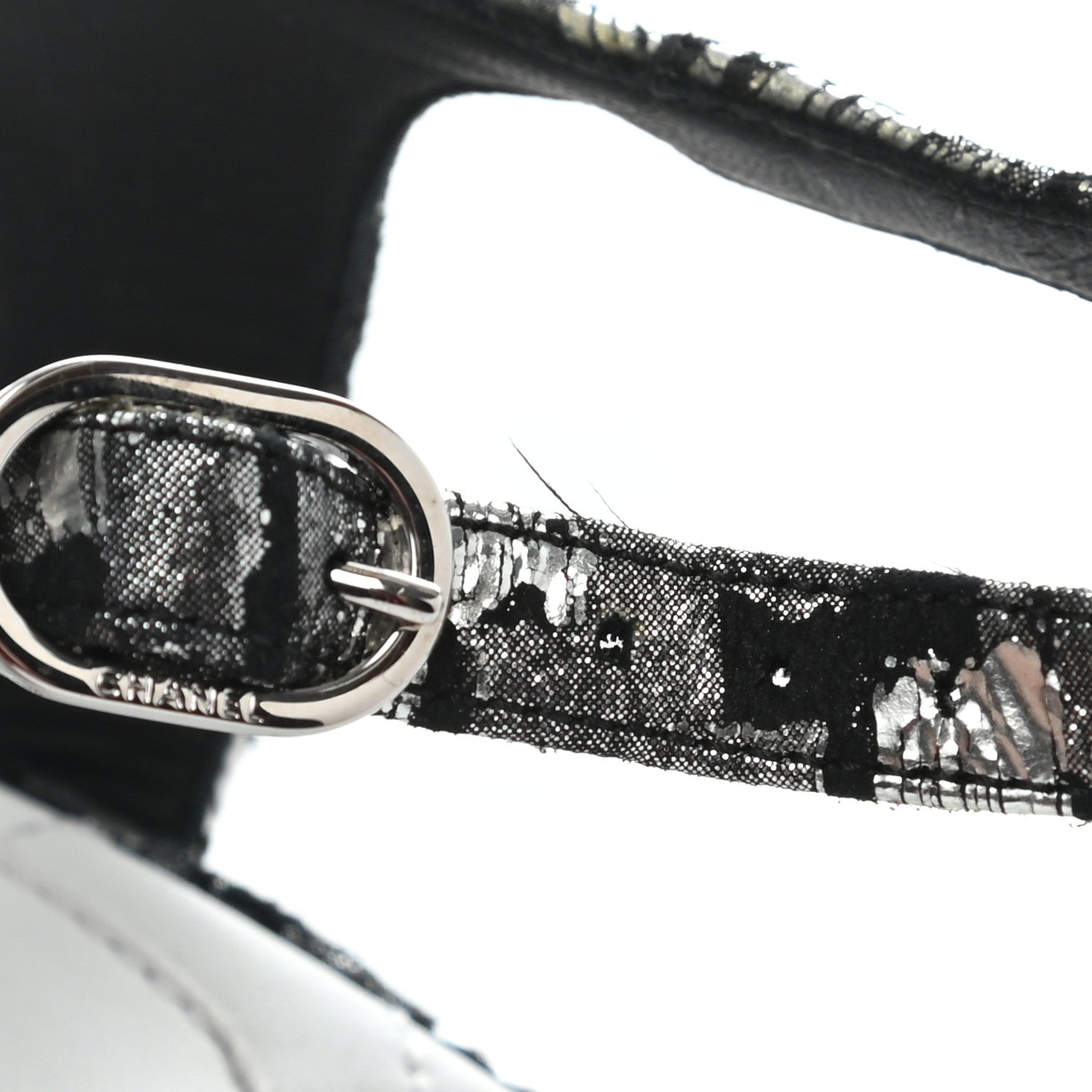Chanel Laminated Suede Goatskin CC Thong Sandals 38.5 Black Silver 7 of 12