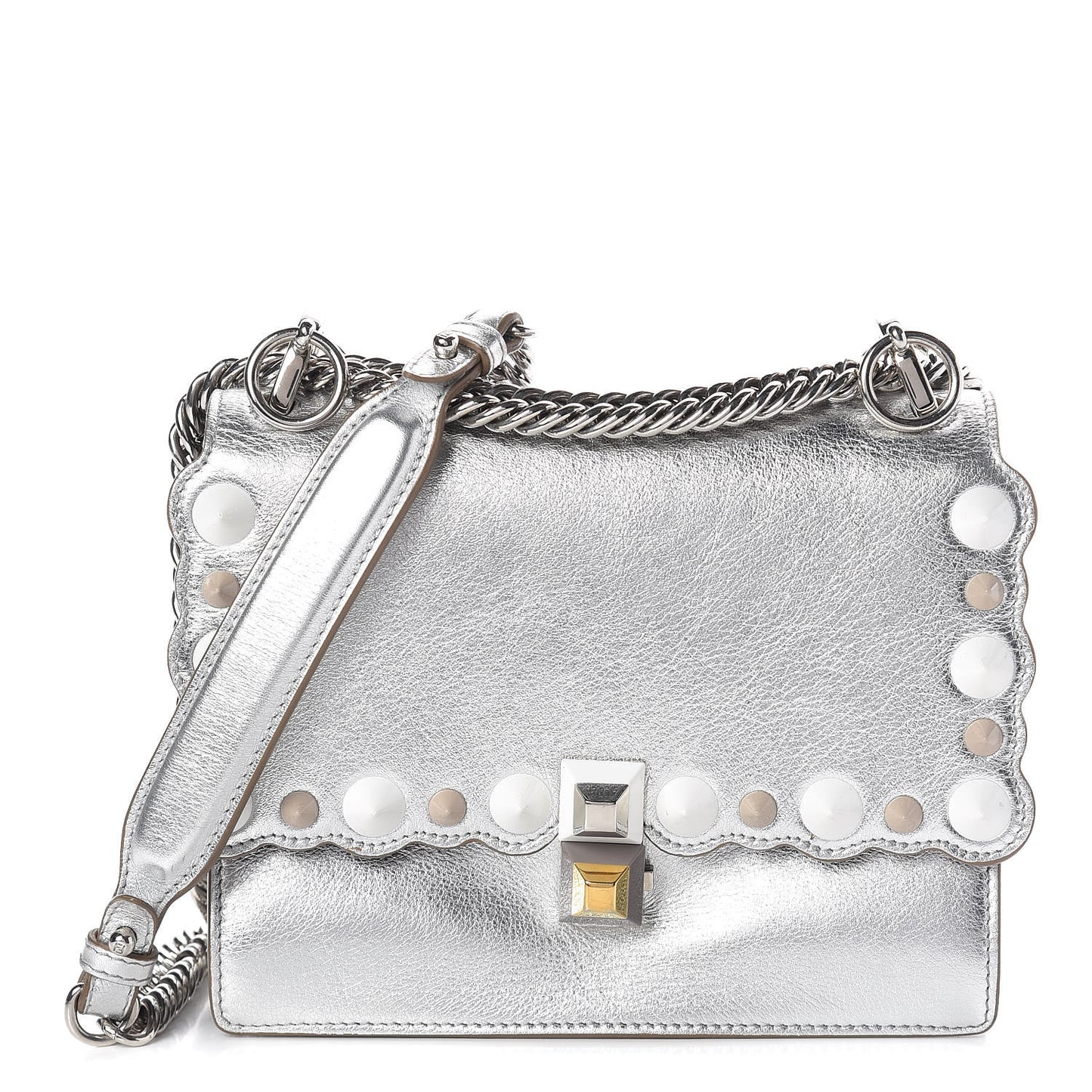 Vitello Catalan Mirror Scalloped Multi Studded Small Kan I Shoulder Bag Argento