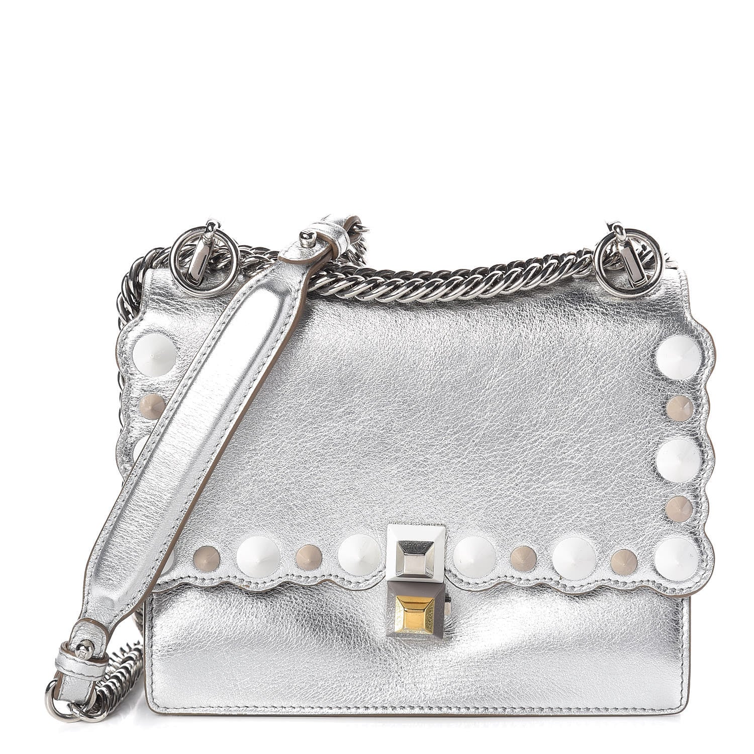 Fendi Vitello Catalan Mirror Scalloped Multi Studded Small Kan I Shoulder Bag Argento 1 of 10