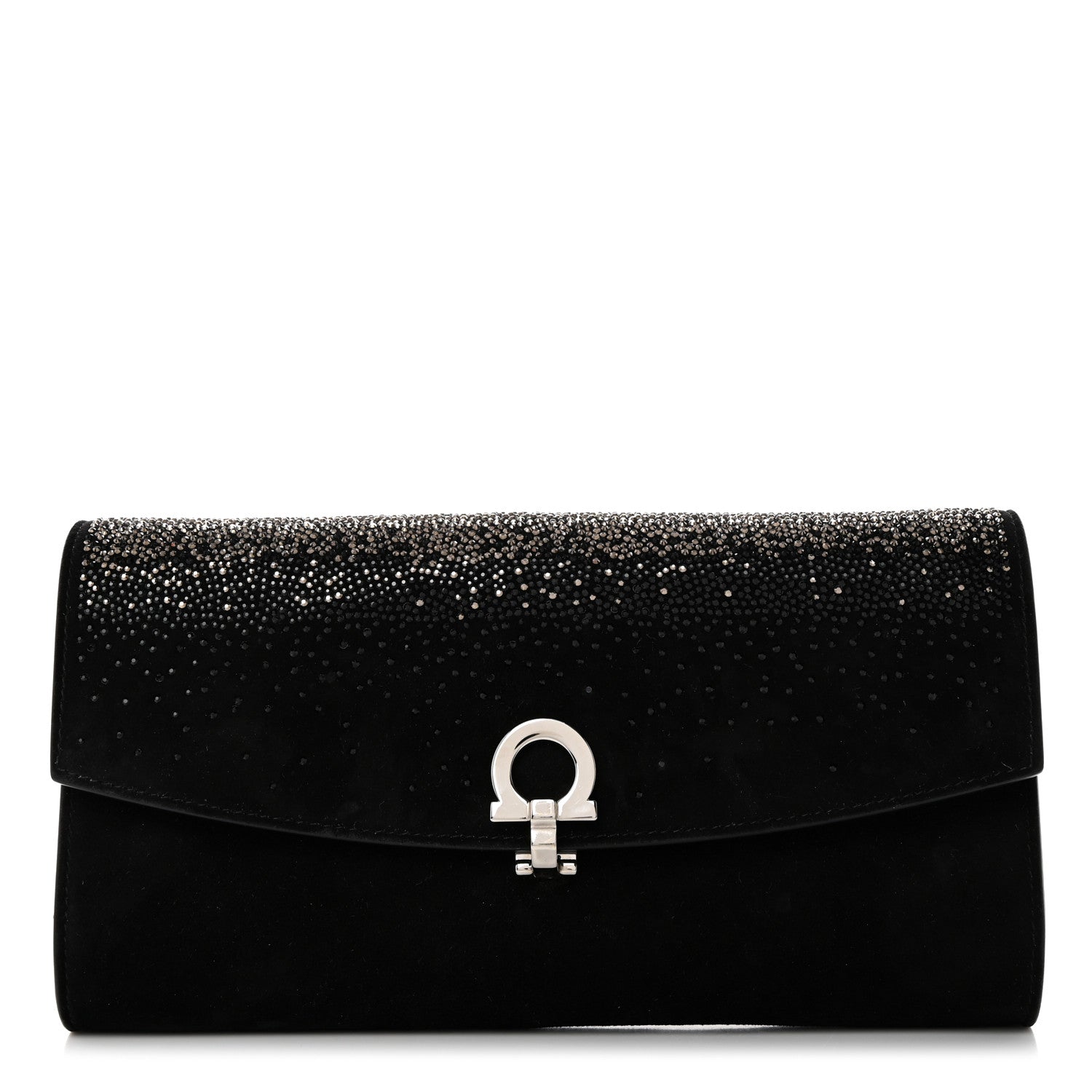 Salvatore Ferragamo Suede Crystal Gancini Wallet On Chain Black 1 of 8
