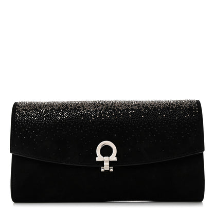 Salvatore Ferragamo Suede Crystal Gancini Wallet On Chain Black 1 of 8
