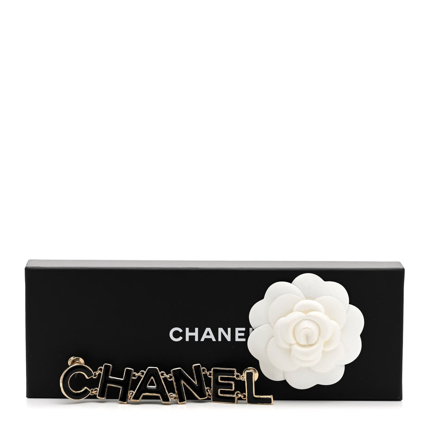 Metal Enamel Cha-Nel Logo Brooch Black Gold
