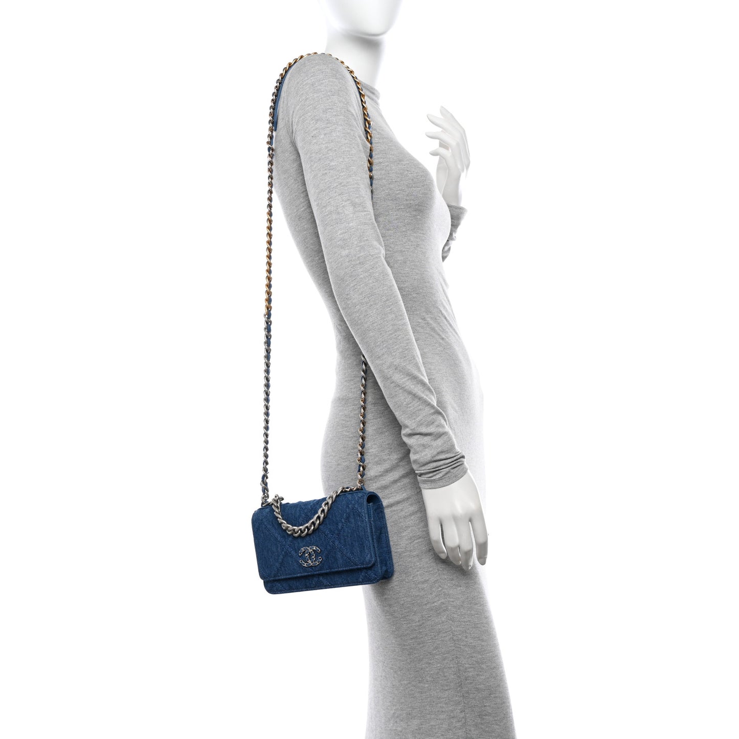 Denim Quilted Chanel 19 Wallet On Chain WOC Blue