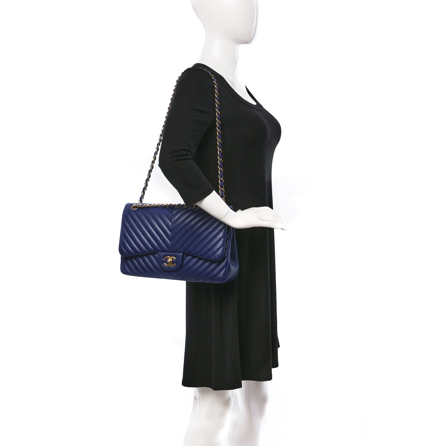 Chanel Lambskin Chevron Quilted Jumbo Double Flap Navy Blue 2 of 10