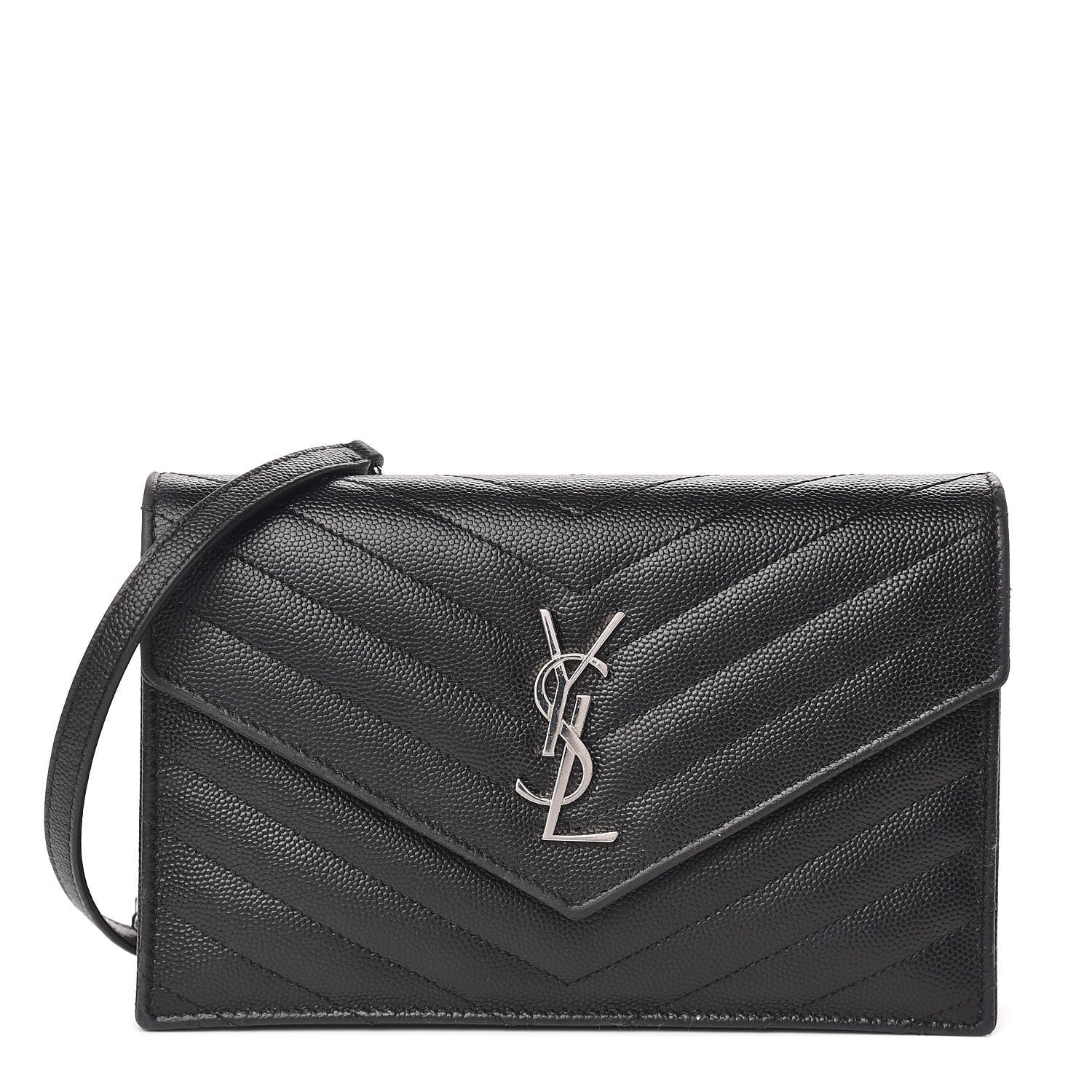 Saint Laurent Grain De Poudre Matelasse Chevron Monogram Envelope Chain Wallet Black 1 of 9