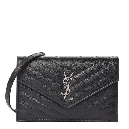 Saint Laurent Grain De Poudre Matelasse Chevron Monogram Envelope Chain Wallet Black 1 of 9