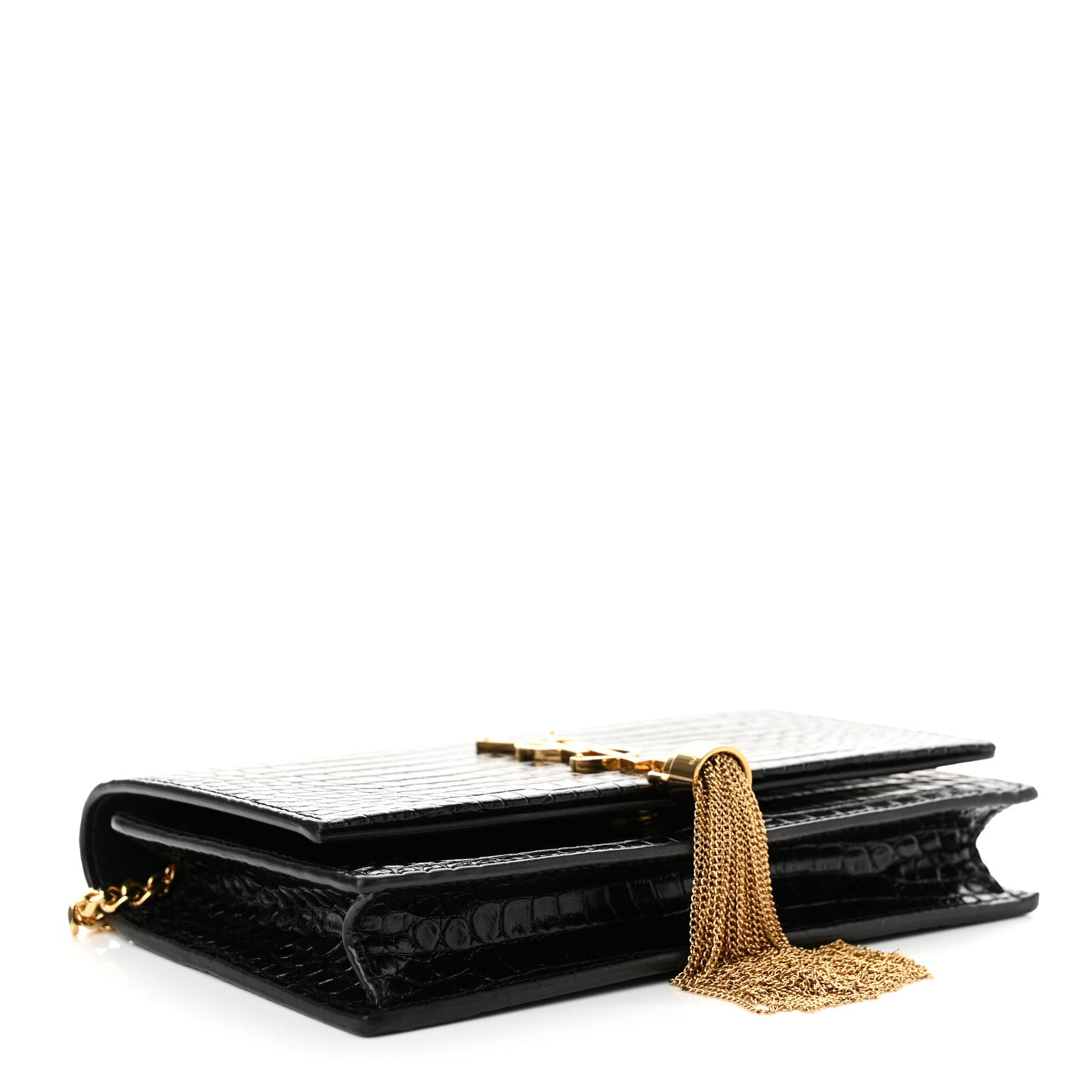 Calfskin Crocodile Embossed Kate Monogram Tassel Chain Wallet Black