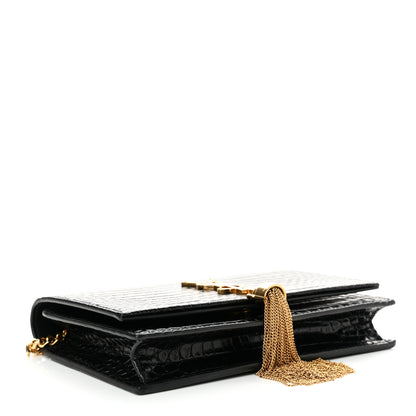 Saint Laurent Calfskin Crocodile Embossed Kate Monogram Tassel Chain Wallet Black 4 of 12