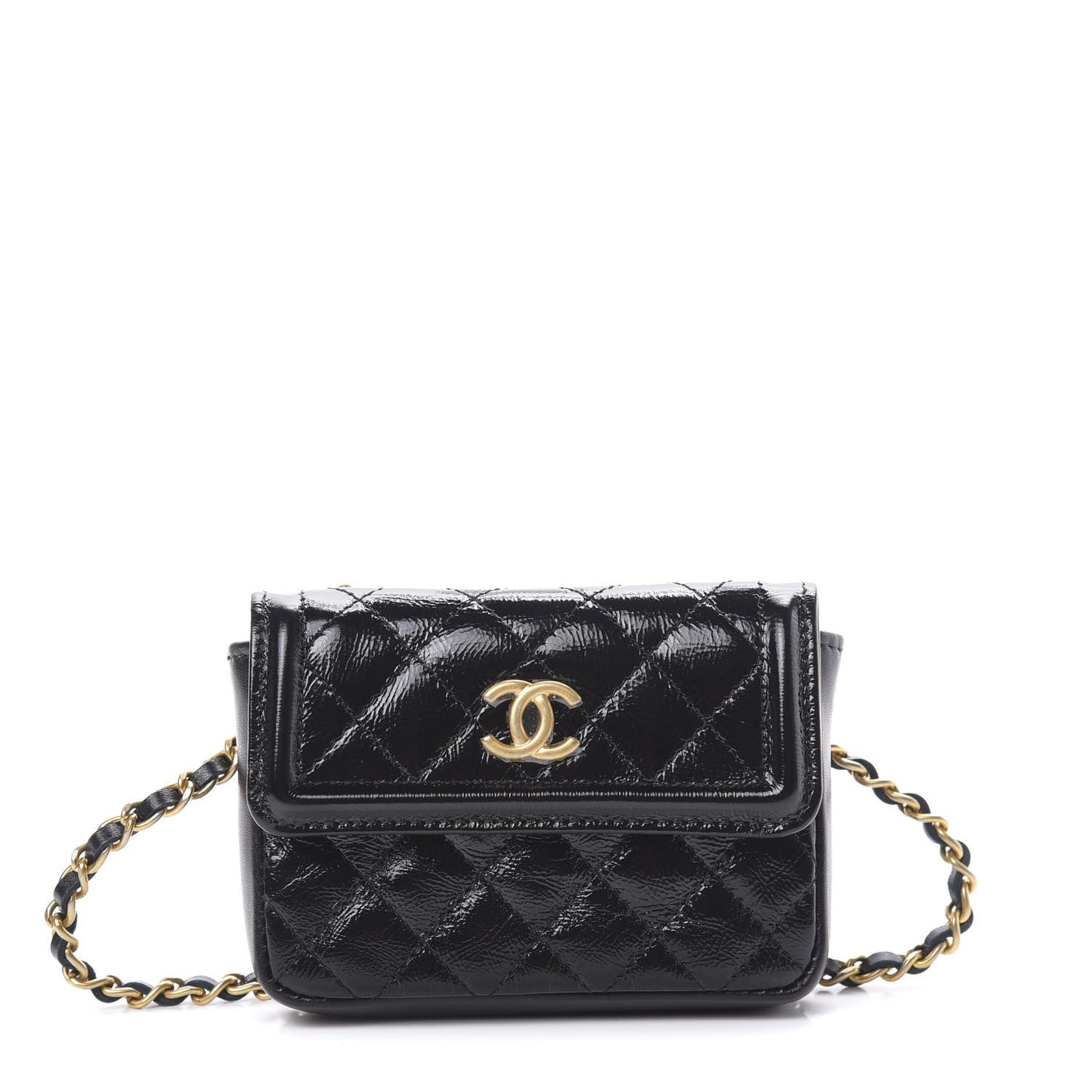 Shiny Aged Calfskin Quilted Waist Belt Bag Black