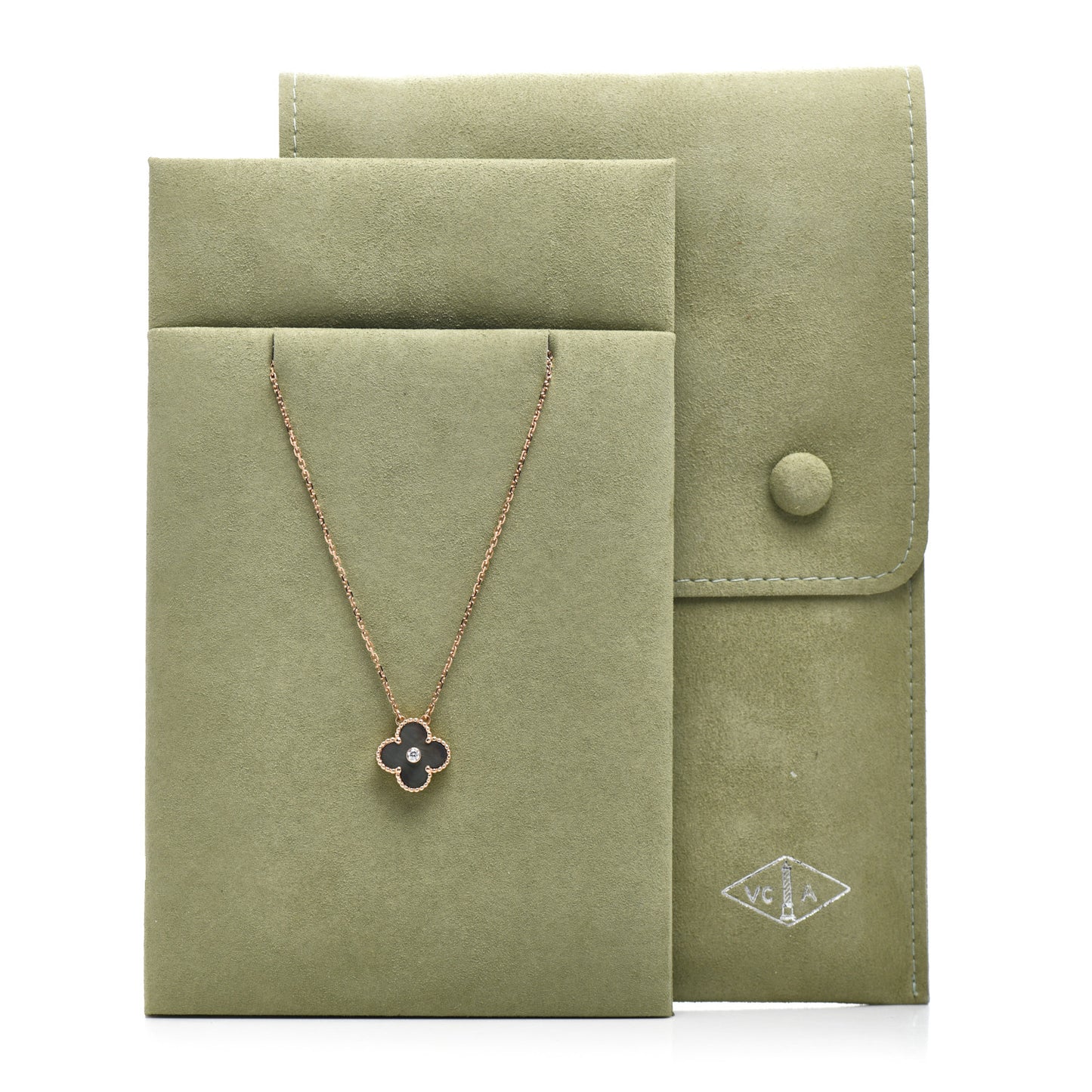 18K Rose Gold Diamond Grey Mother of Pearl Vintage Alhambra Pendant Necklace