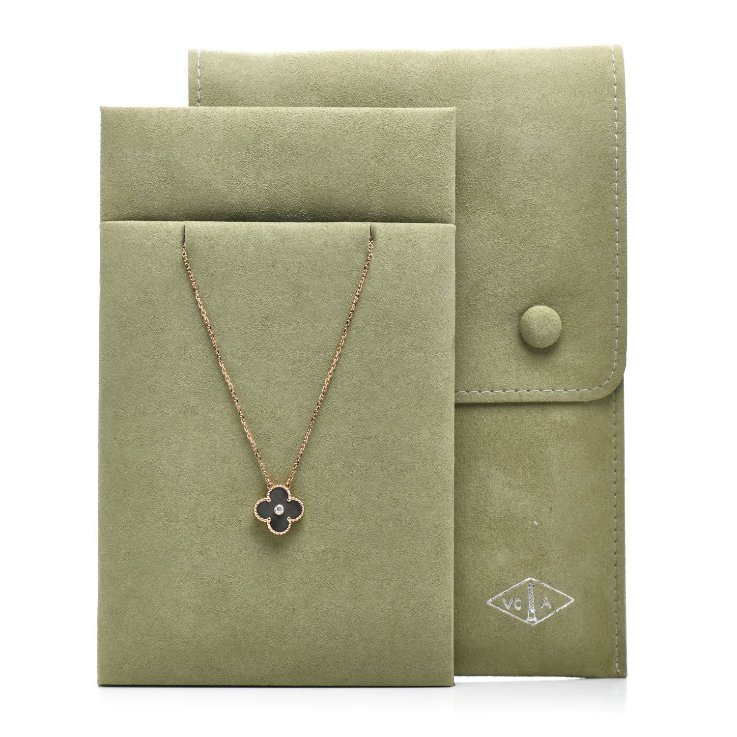 Van Cleef & Arpels 18K Rose Gold Diamond Grey Mother of Pearl Vintage Alhambra Pendant Necklace 5 of 5