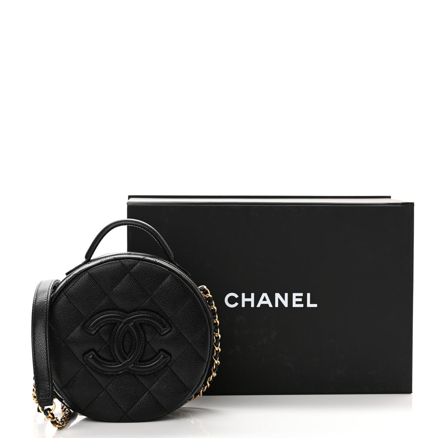 Caviar Quilted Small Round Vanity With Chain Black