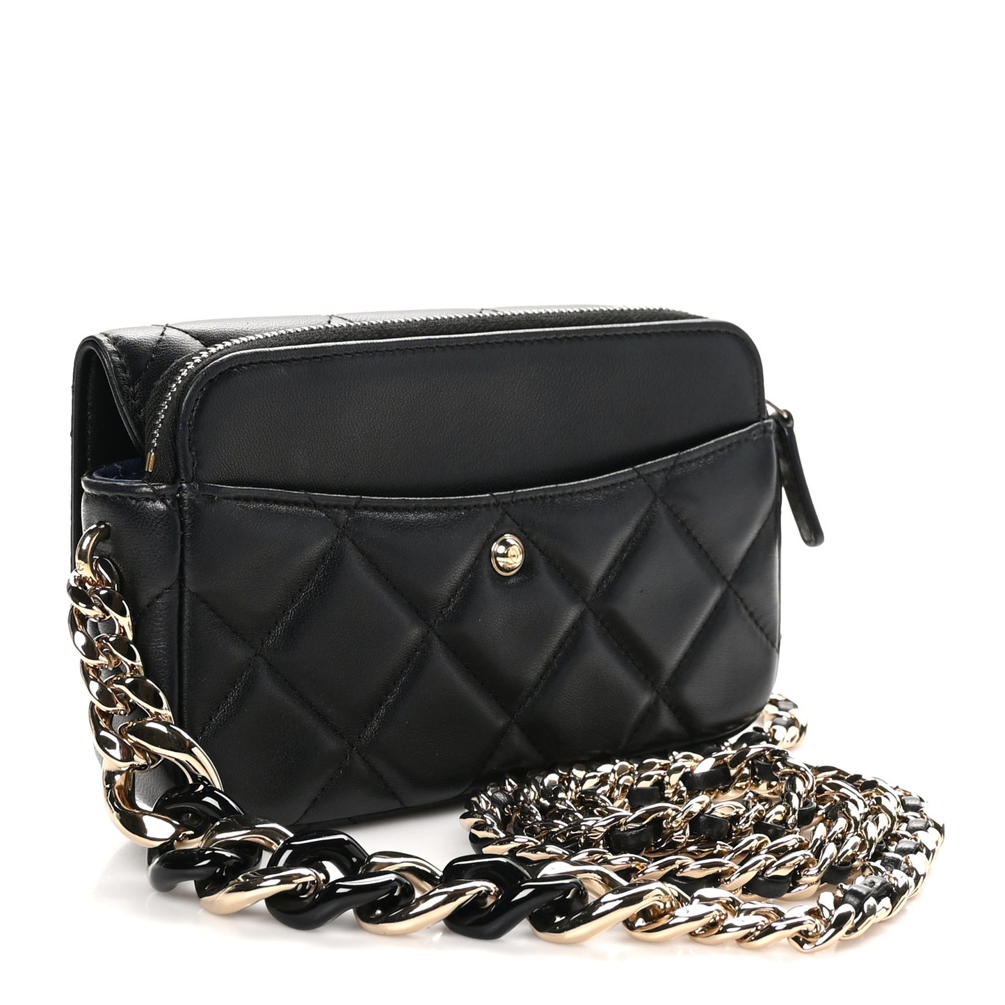 Lambskin Quilted Resin Bi-Color Flap Phone Holder With Chain Black