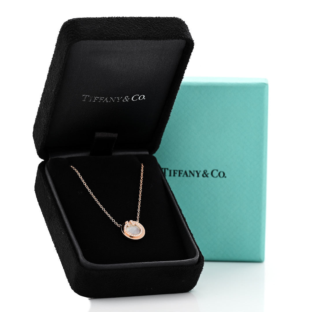 18K Rose Gold Diamond Mother of Pearl Small T Circle Pendant Necklace