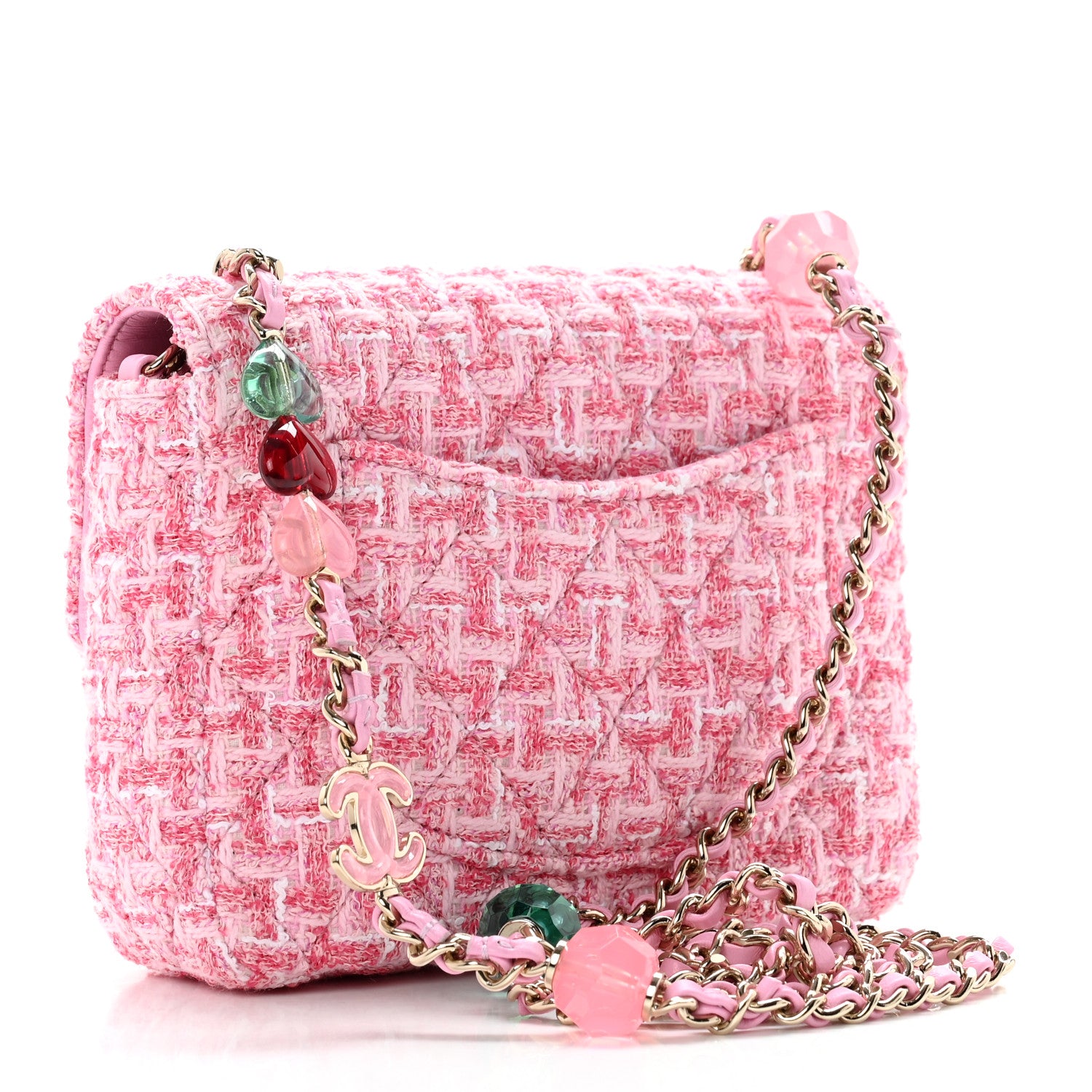 Chanel Tweed Resin Quilted Mini Heart Square Flap Pink White 2 of 8