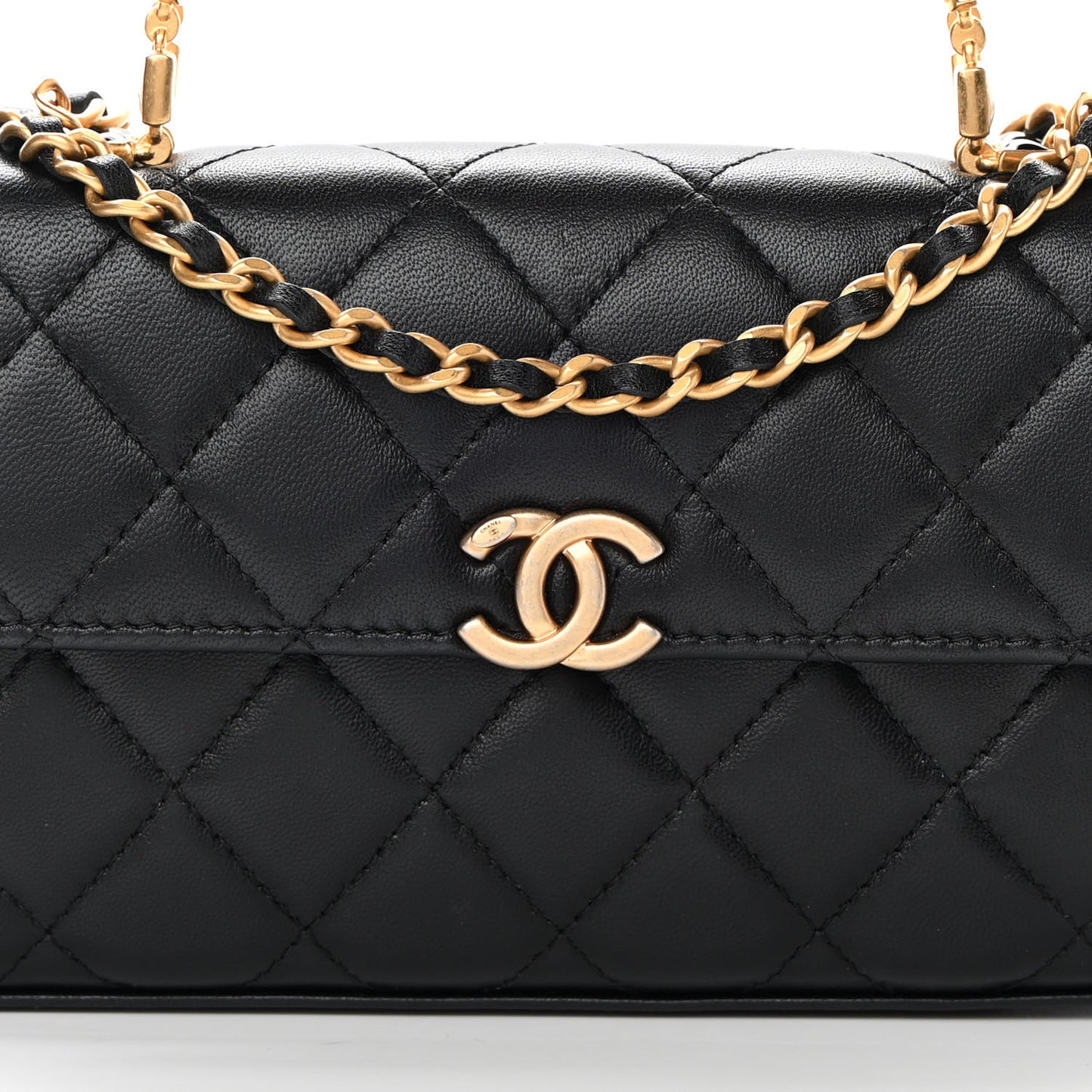Lambskin Enamel Quilted Top Handle Flap Phone Holder With Chain Black