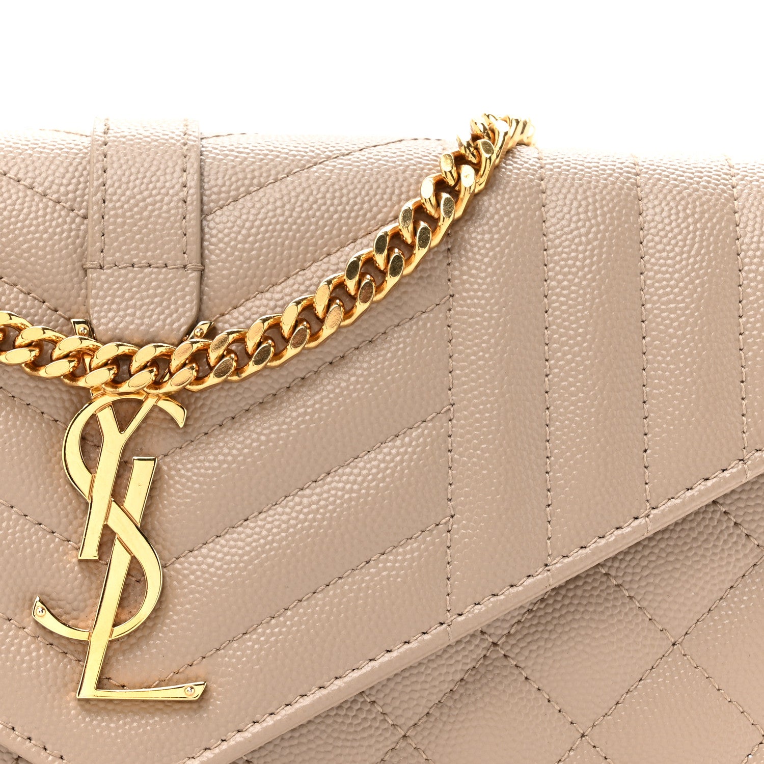 Saint Laurent Grain De Poudre Mixed Matelasse Triquilt Monogram Chain Wallet Dark Beige 9 of 14