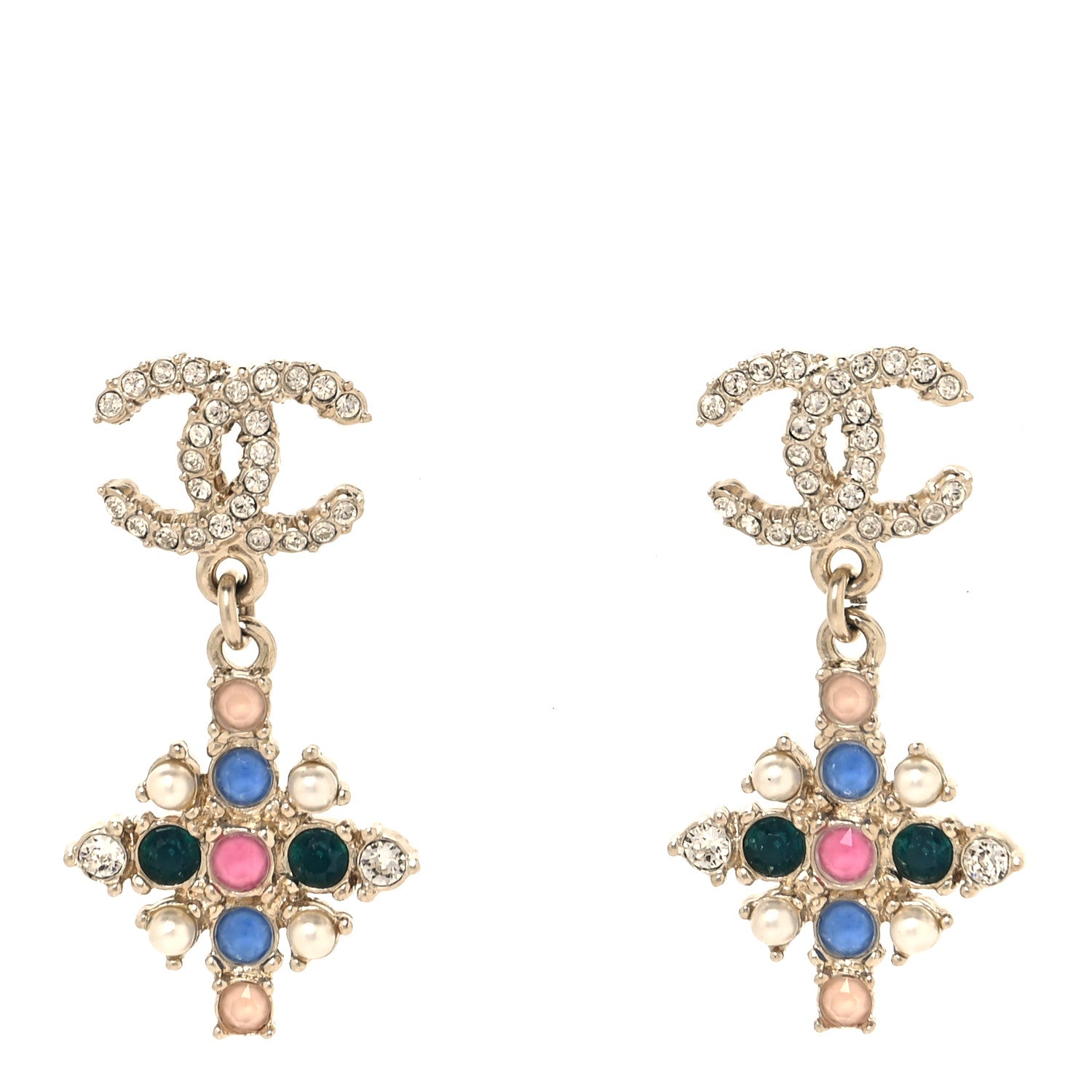 Chanel Crystal CC Drop Earrings Pink Blue Gold 1 of 5