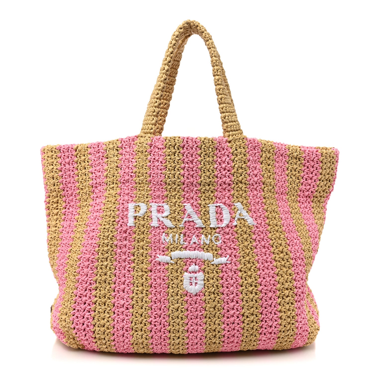 Prada Yarn Raffia Effect Crochet Striped Large Logo Tote Naturale Petalo 1 of 9