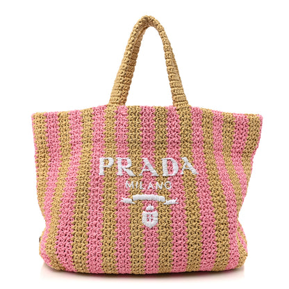Prada Yarn Raffia Effect Crochet Striped Large Logo Tote Naturale Petalo 1 of 9