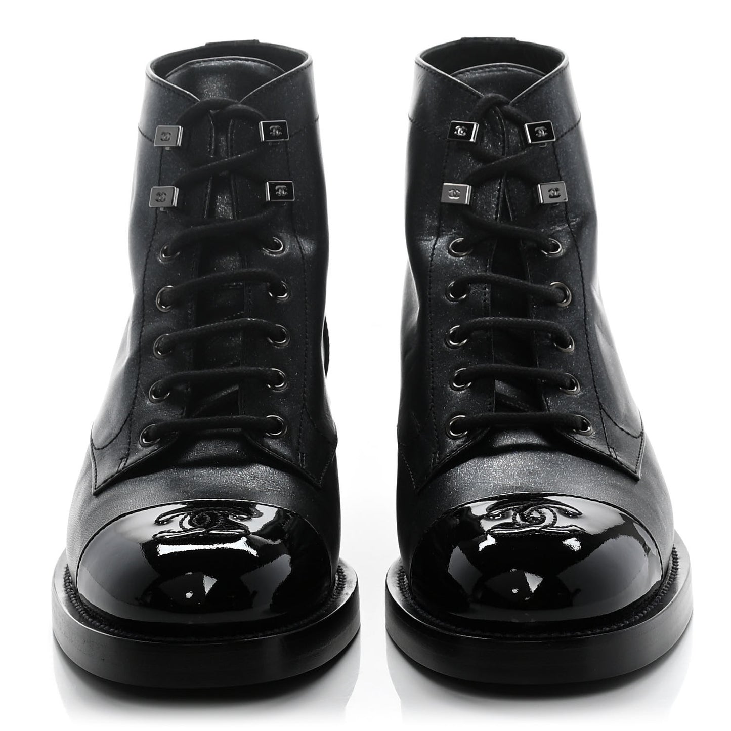 Iridescent Calfskin Patent Cap Toe Combat Boots 39 Black
